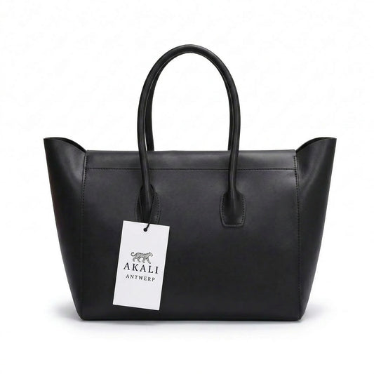 Monroe Bag black leather tote bag with tag front view