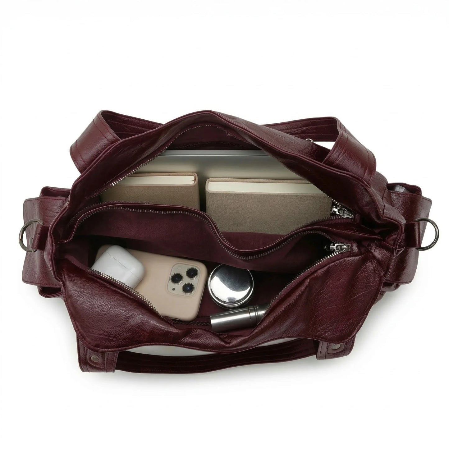Malibu Bag wine red leather interior with organized compartments