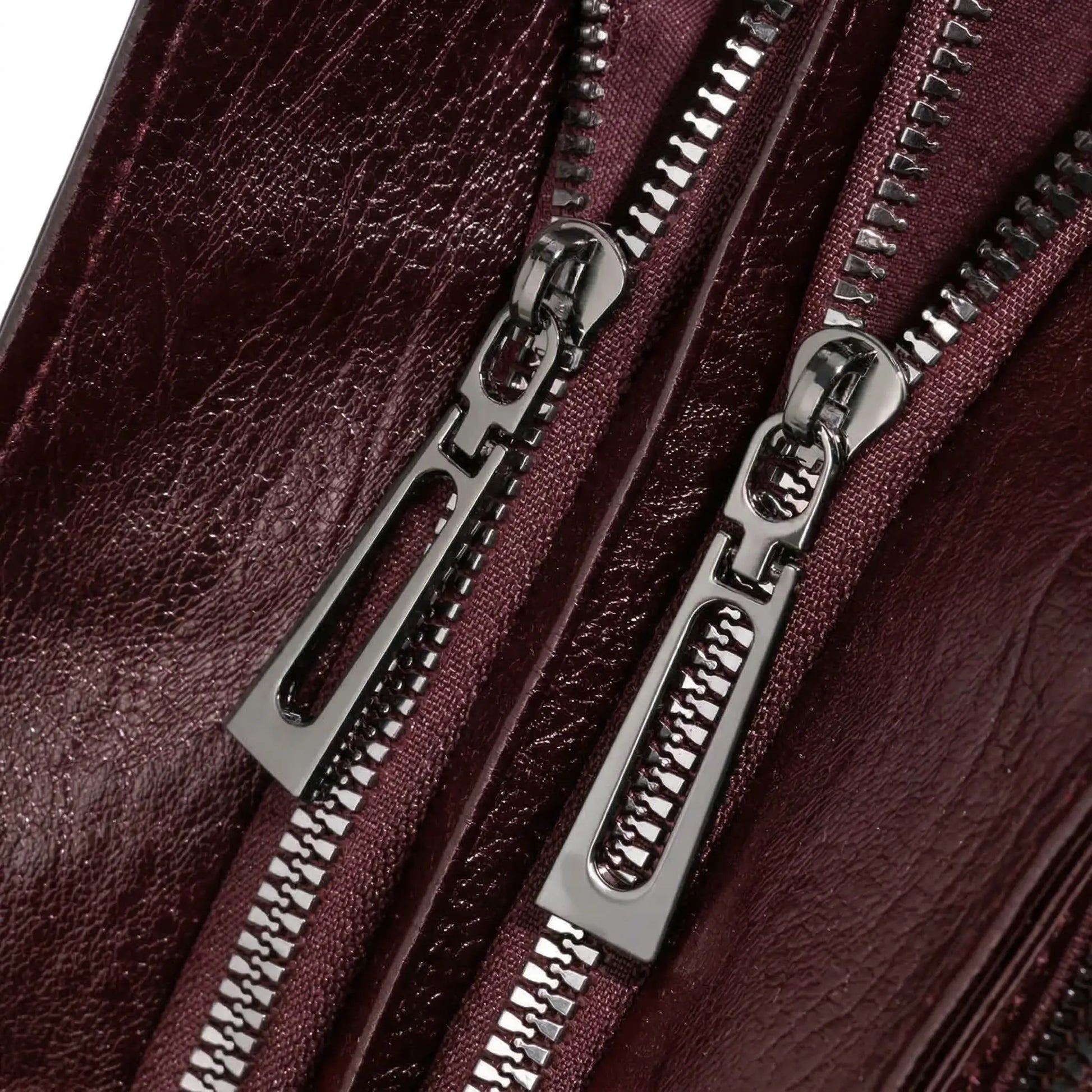 Malibu Bag wine red leather zipper detail close up

