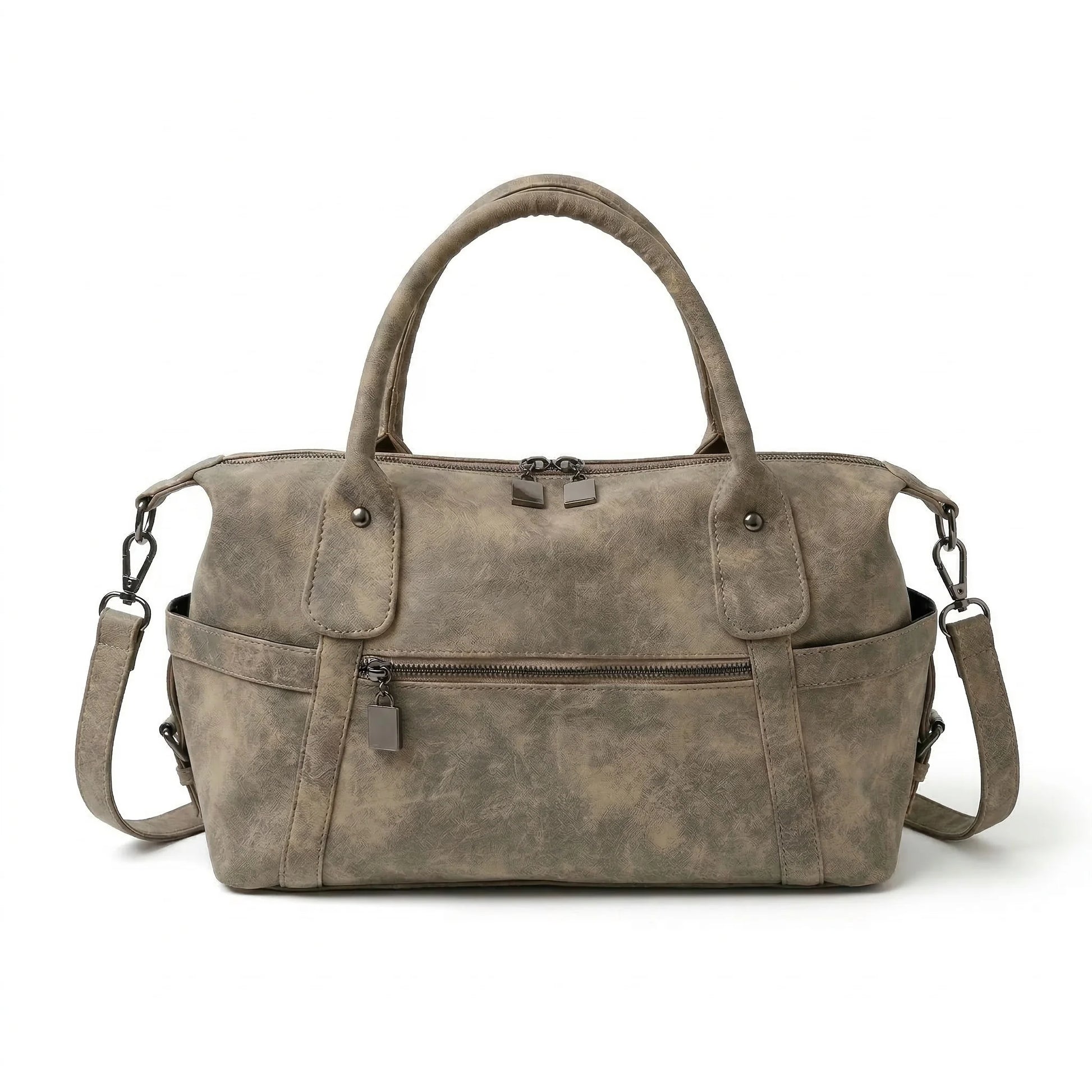 LA Bag champagne beige leather duffle bag front view
