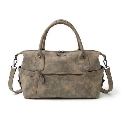 LA Bag champagne beige leather duffle bag front view
