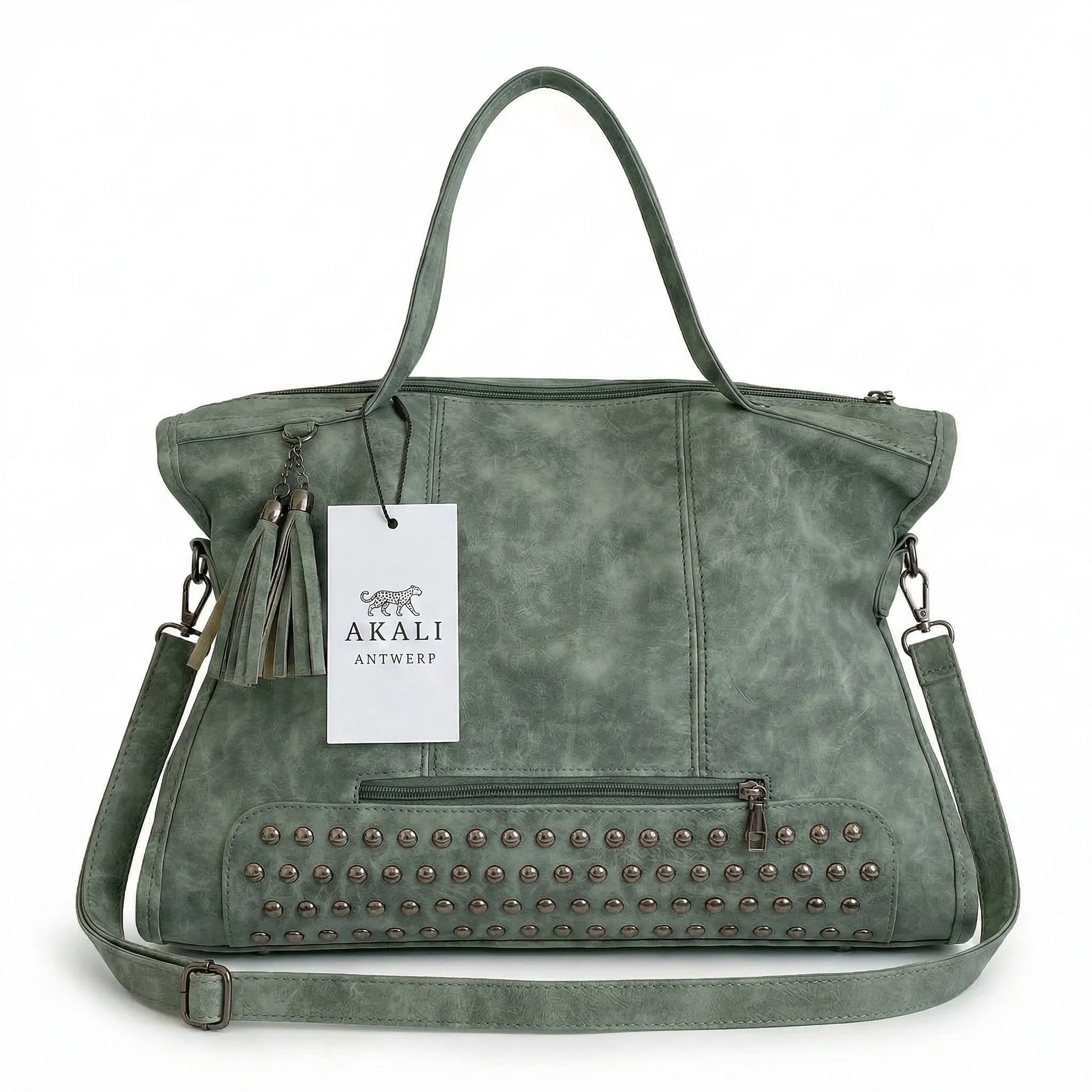 Beverly Bag moss green leather shoulder bag front view with tag

