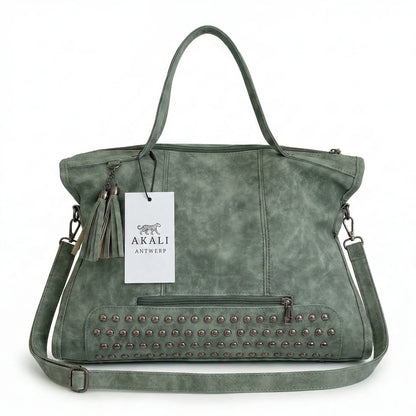 Beverly Bag moss green leather shoulder bag front view with tag
