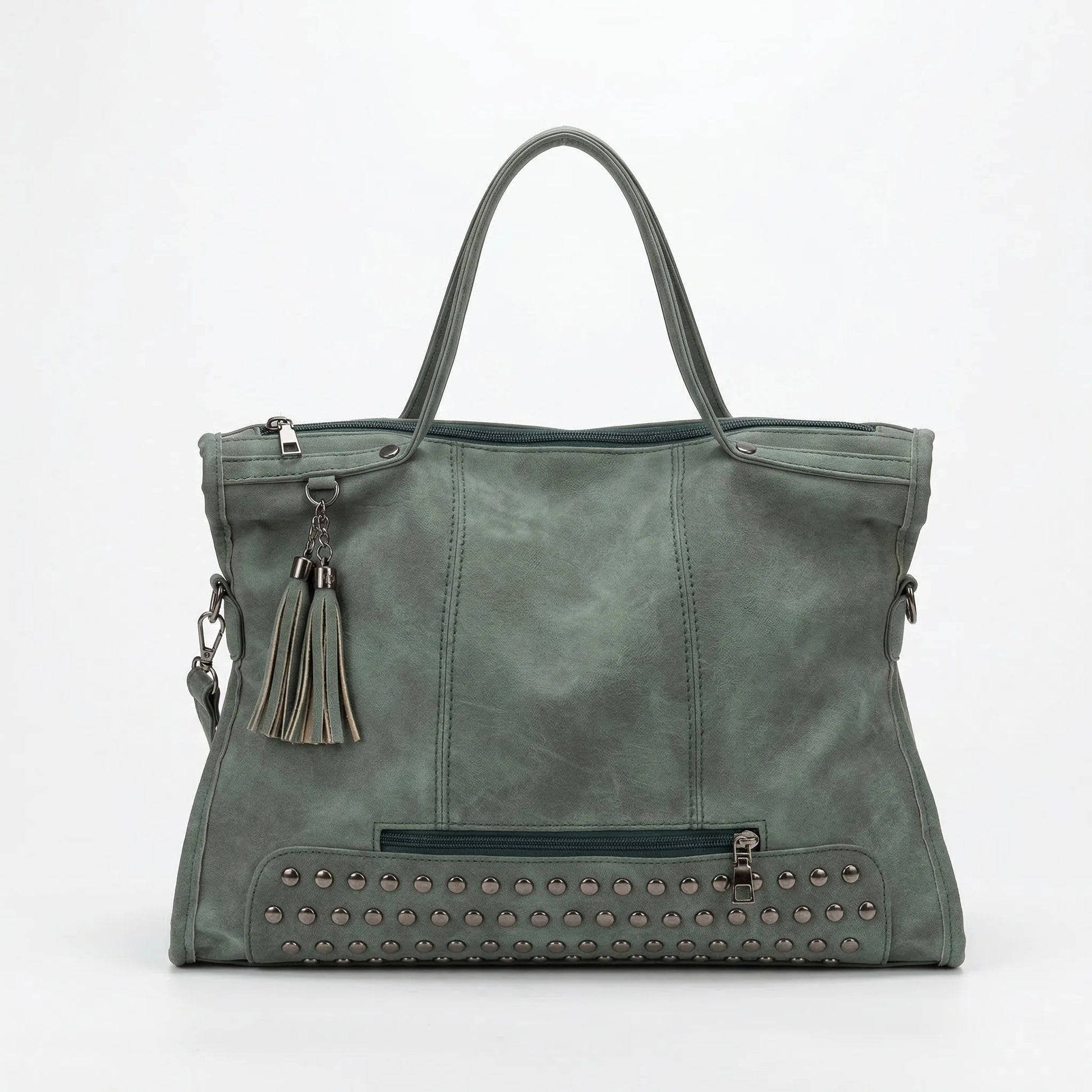 Beverly Bag moss green leather shoulder bag front view
