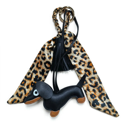 Sausage Dog Charm brown leopard print bag charm close up

