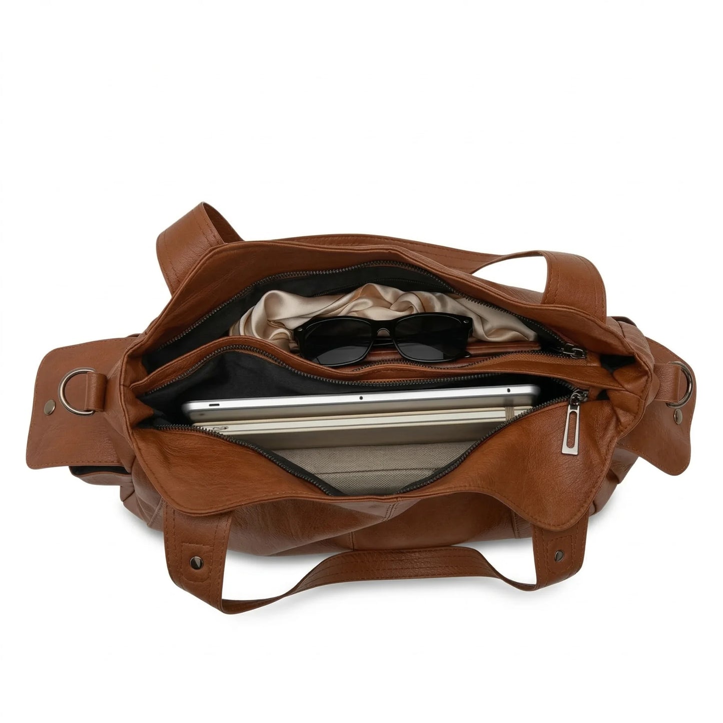 Brown leather duffel bag with organized interior for travel essentials