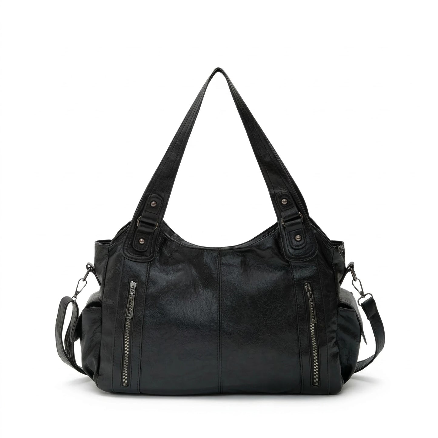 Malibu Bag black leather hobo bag front view with handles