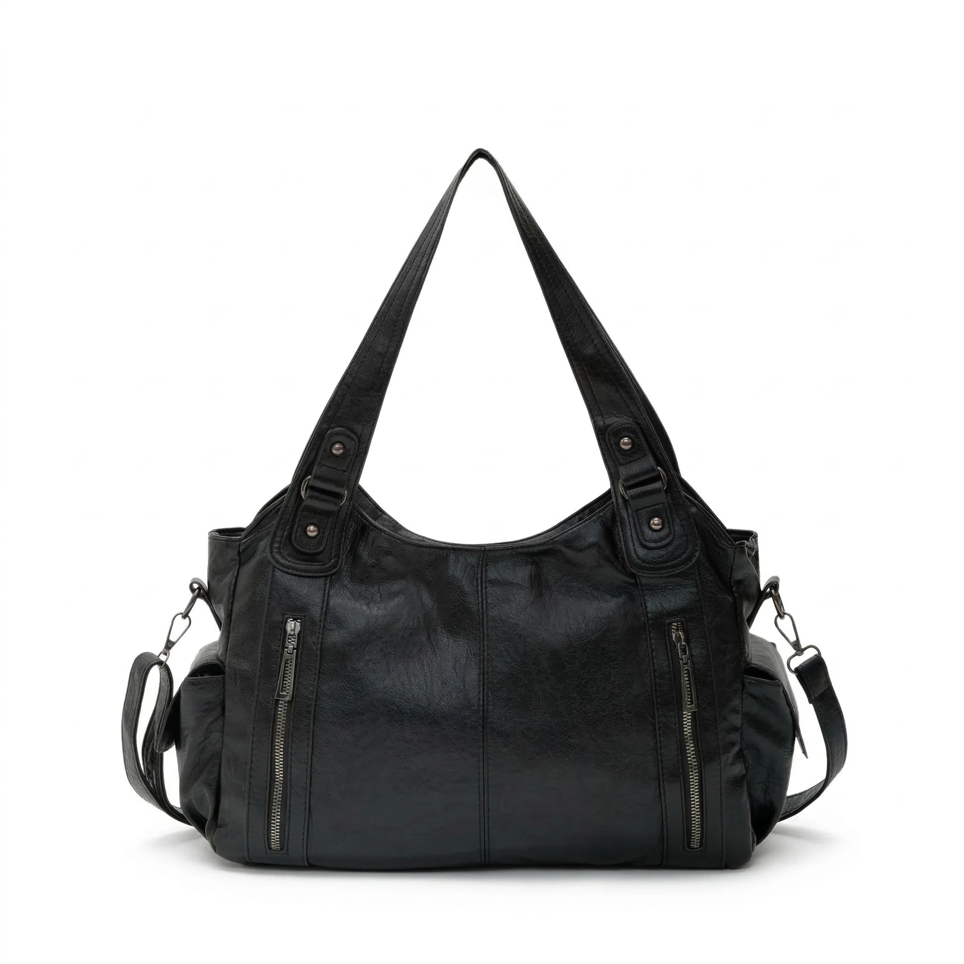 Malibu Bag black leather hobo bag front view with handles