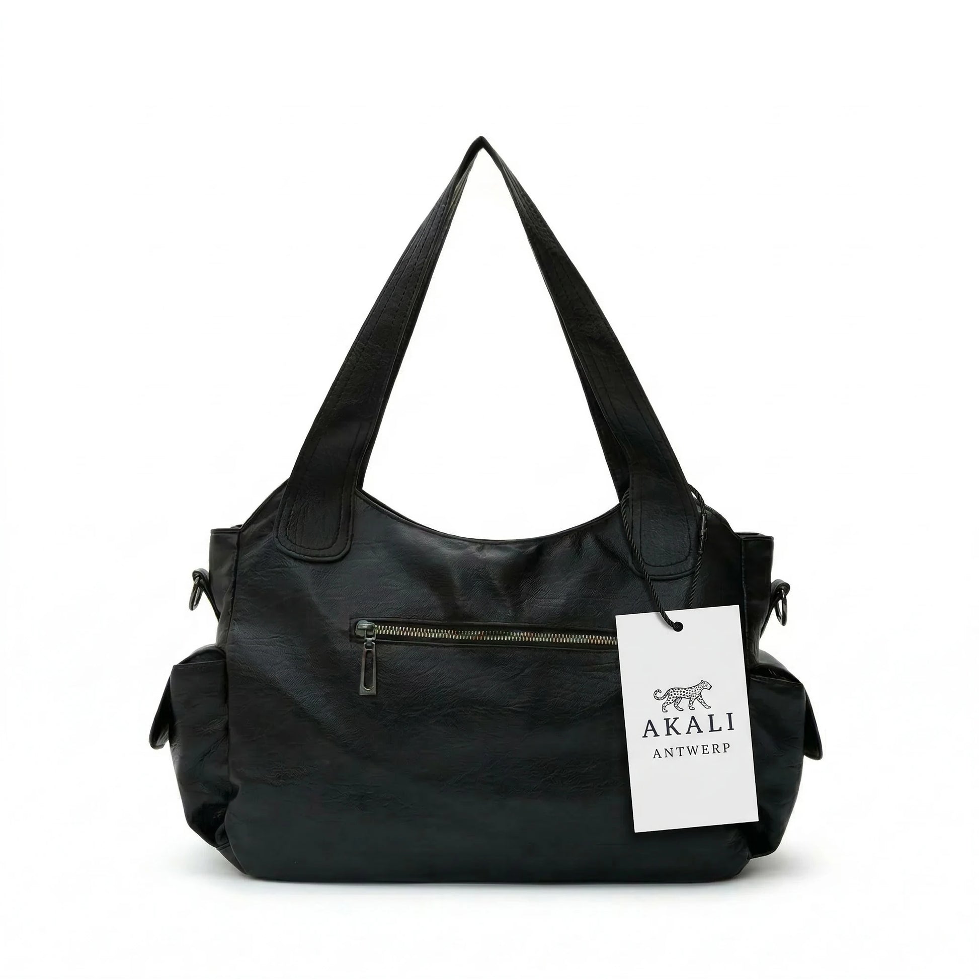 Malibu Bag black leather shoulder bag with tag front view
