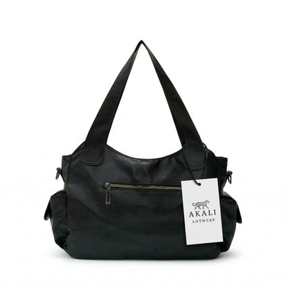 Malibu Bag black leather shoulder bag with tag front view